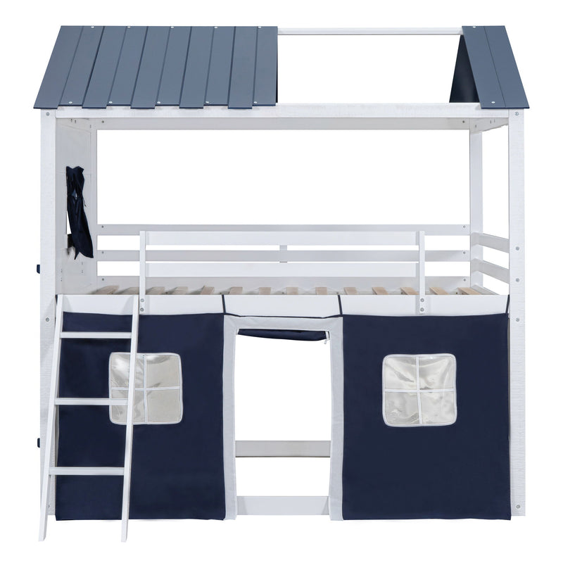 Full Size Bunk Wood House Bed With Elegant Windows, Sills And Tent, Blue / White