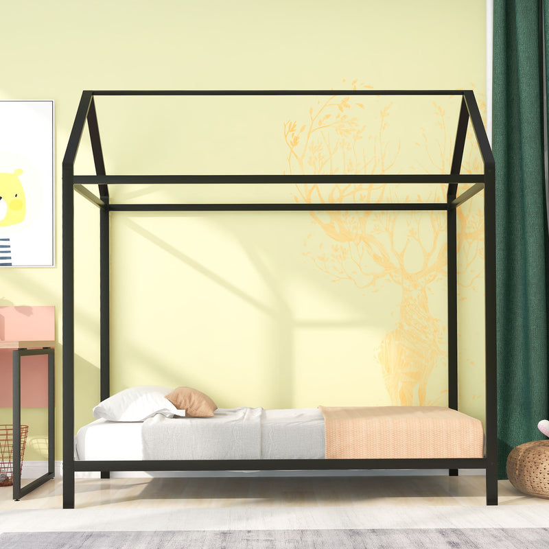 House Bed Frame Twin Size, Kids Bed Frame Metal Platform Bed Floor Bed For Kids Boys Girls No Box Spring Needed Black