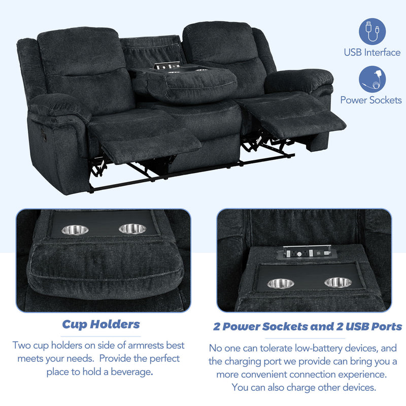 Home Theater Seating Manual Reclining Sofa With Cup Holder, 2 Usb Ports, 2 Power Sockets For Living Room, Bedroom, Dark Blue