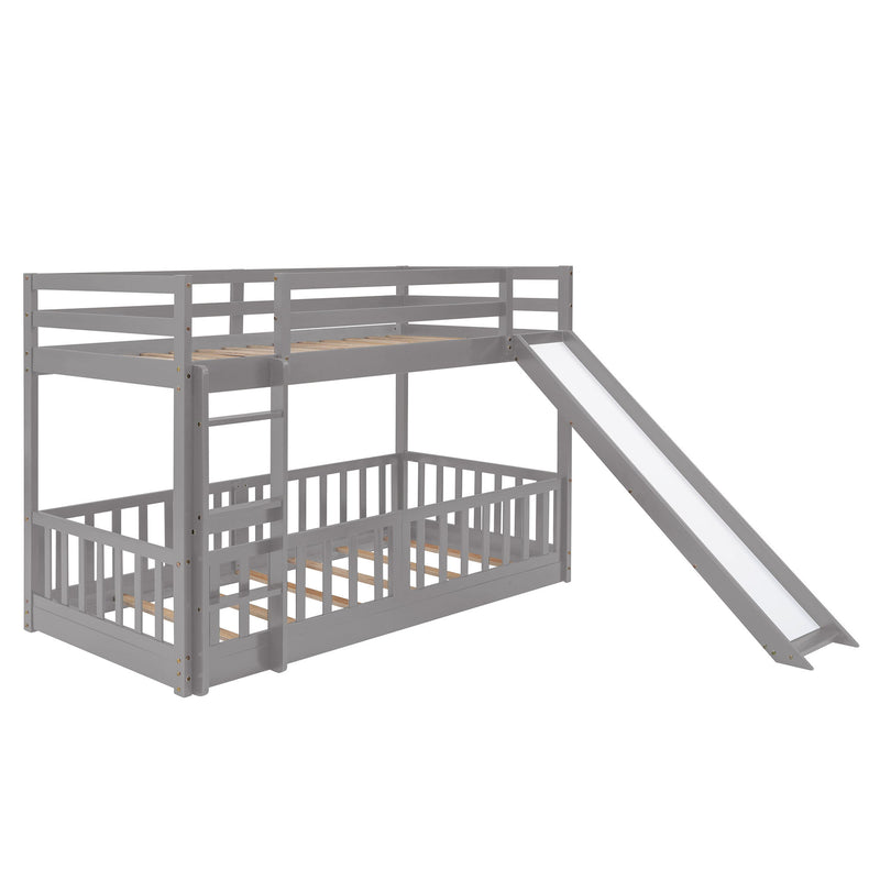 Twin Over Twin Bunk Bed With Slide And Ladder, Gray