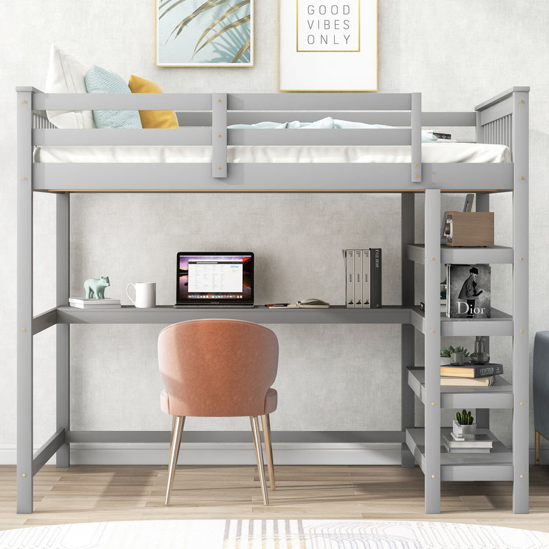 Full Size Loft Bed With Storage Shelves And Under - Bed Desk, Gray