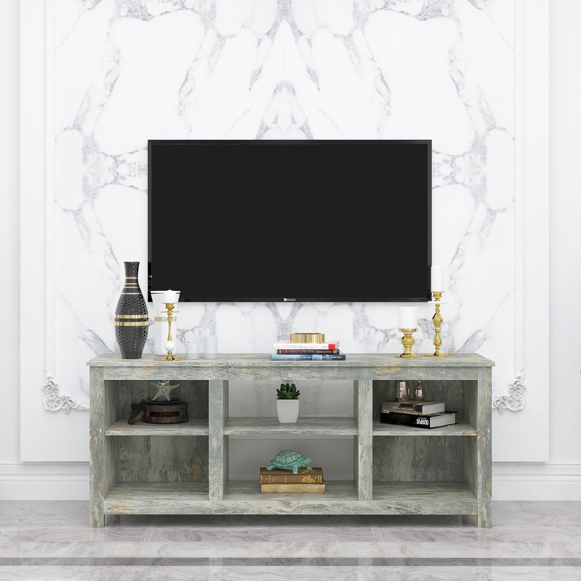 Living room TV stand furniture with 4 storage compartments and 1 shelf cabinet, high-quality particle board - Atlantic Fine Furniture Inc