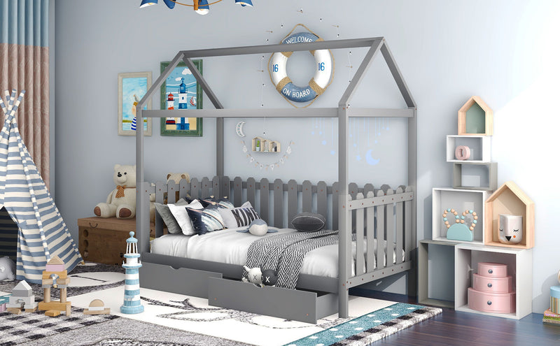 Twin Size House Bed With Drawers, Fence Shaped Guardrail, Gray