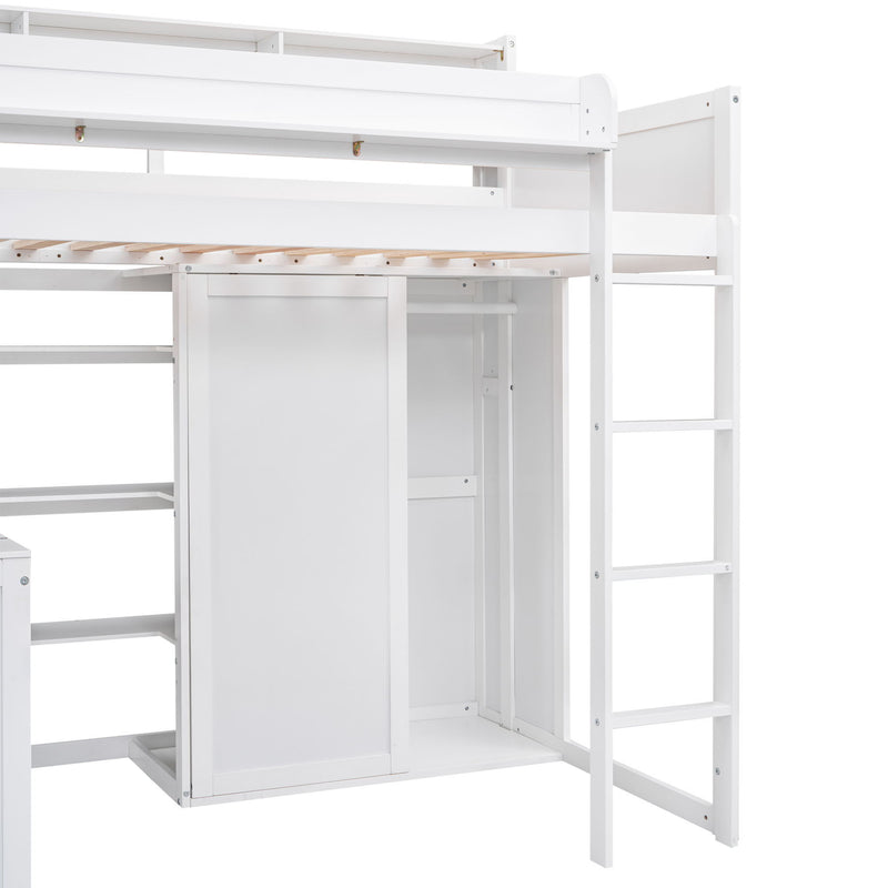 Wood Twin Size Loft Bed With Multiple Storage Shelves And Wardrobe, White