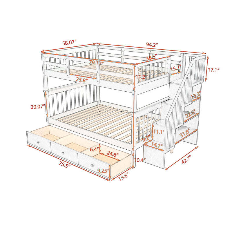 Stairway Full Over Full Bunk Bed With Drawer, Storage And Guard Rail For Bedroom, White
