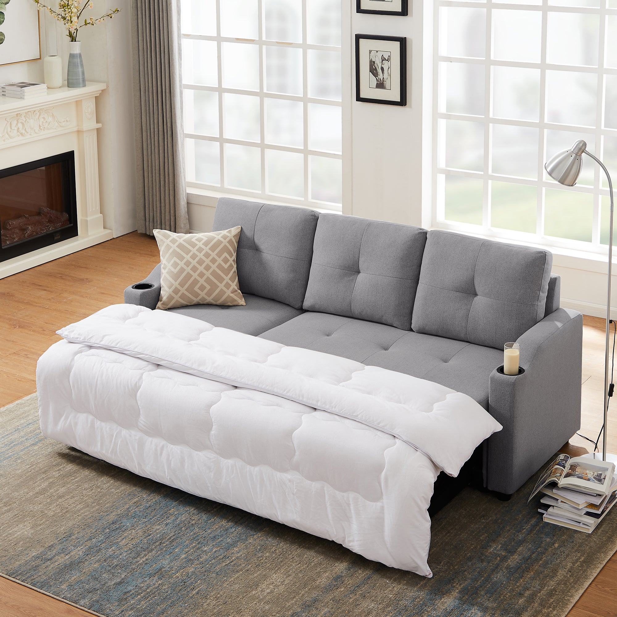 Orisfur. 81" Sleeper Sofa Bed Reversible Sectional Couch with Storage Chaise and Two Cup Holders for Living Room Furniture Set - Atlantic Fine Furniture Inc