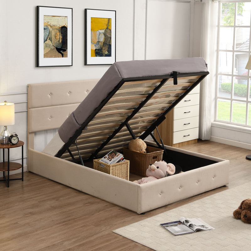Upholstered Platform Bed With Underneath Storage, Full Size, Beige