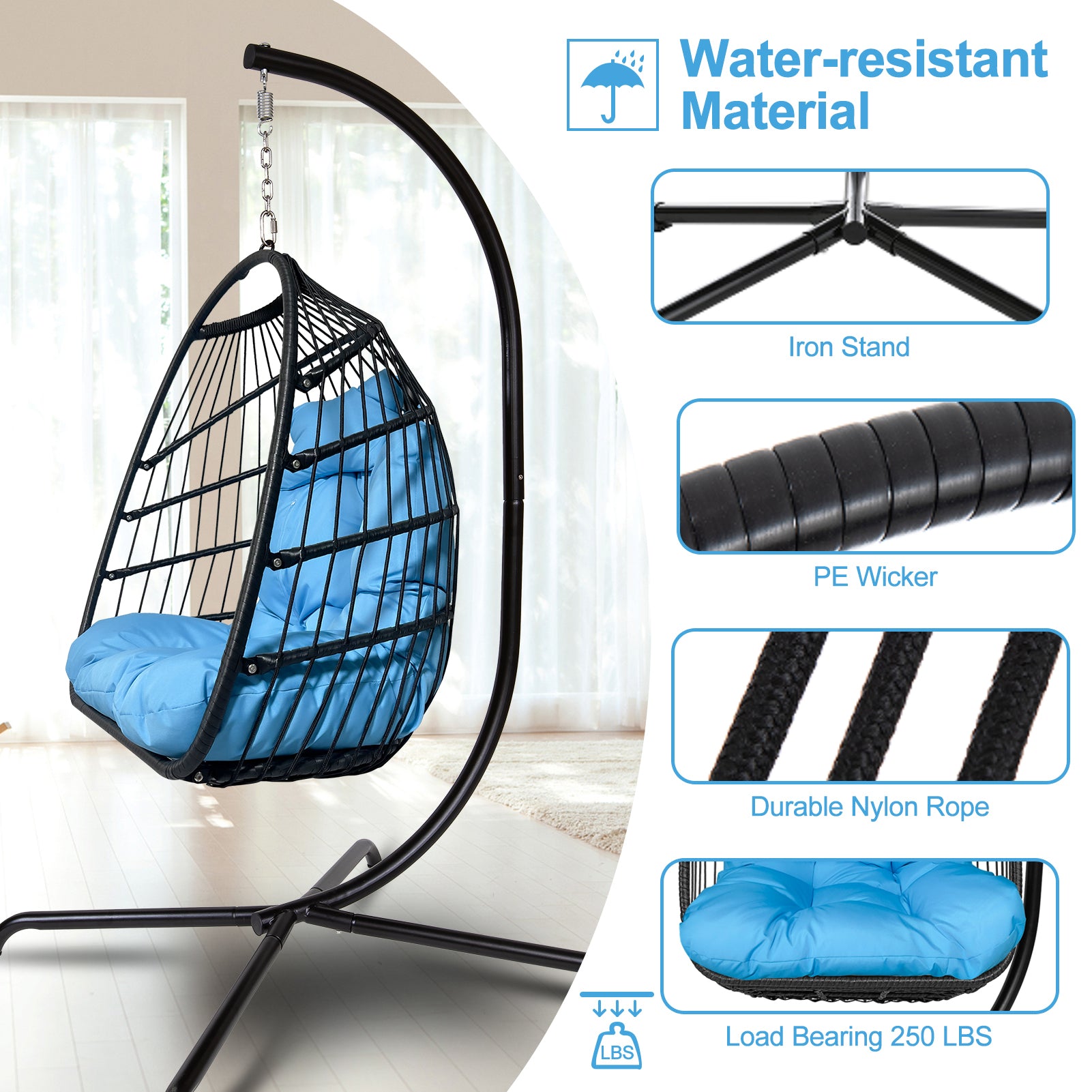 Swing Egg Chair with Stand Indoor Outdoor Wicker Rattan Patio Basket Hanging Chair with C Type bracket , with cushion and pillow,Patio Wicker folding Hanging Chair - Atlantic Fine Furniture Inc