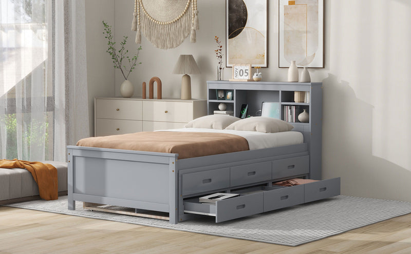 Twin Size Platform Bed With Storage Headboard, USB, Twin Size Trundle And 3 Drawers, Gray