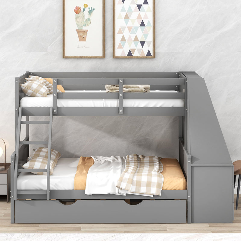 Twin Over Full Bunk Bed With Trundle And Built-In Desk, Three Storage Drawers And Shelf, Gray