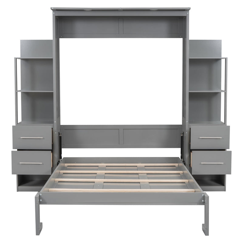 Full Size Murphy Bed Wall Bed With Shelves, Drawers And Led Lights, Gray