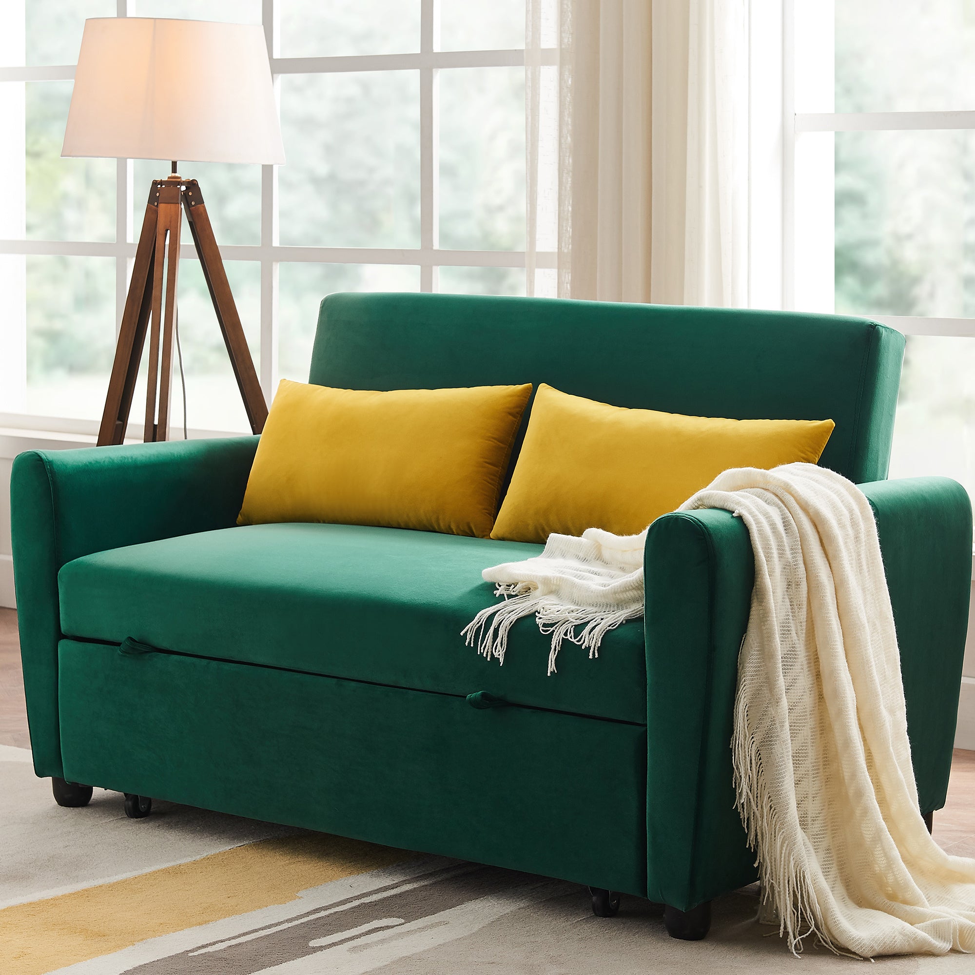 [VIDEO provided]55" Modern Velvet Sofa with Pull-Out Sleeper Bed with 2 Pillows Adjustable Backrest for Small Spaces Green - Atlantic Fine Furniture Inc