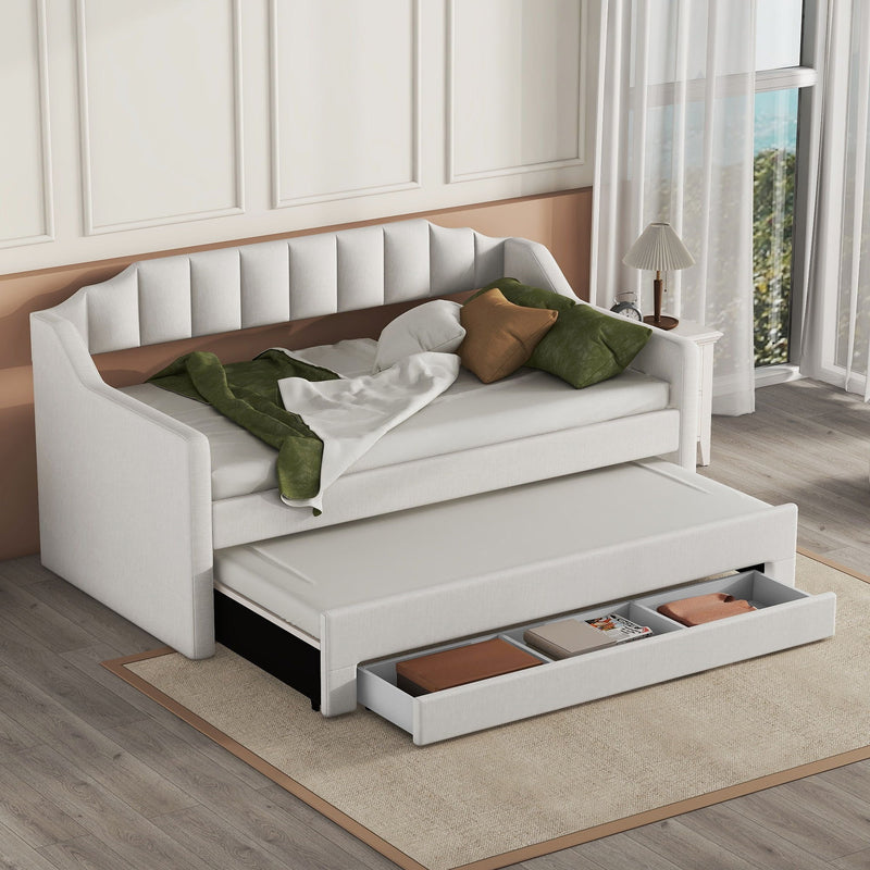 Twin Size Upholstered Daybed With Trundle And Three Drawers - Beige