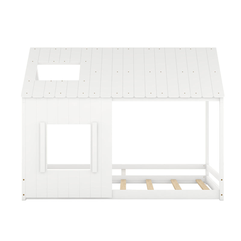 Full Size House Bed With Roof And Window - White