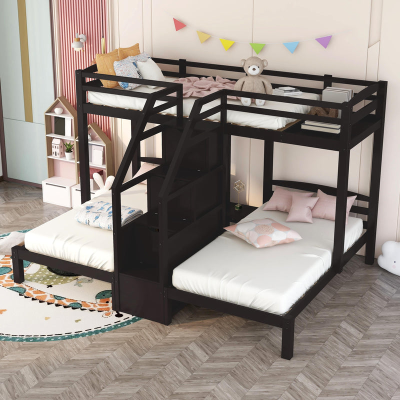 Twin Over Twin & Twin Bunk Bed With Built In Staircase And Storage Drawer, Espresso