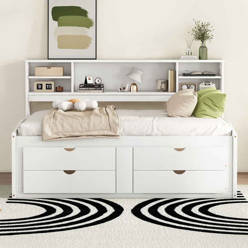 Full Size Wood Daybed With 2 Bedside Cabinets, Upper Shelves And 4 Drawers, White