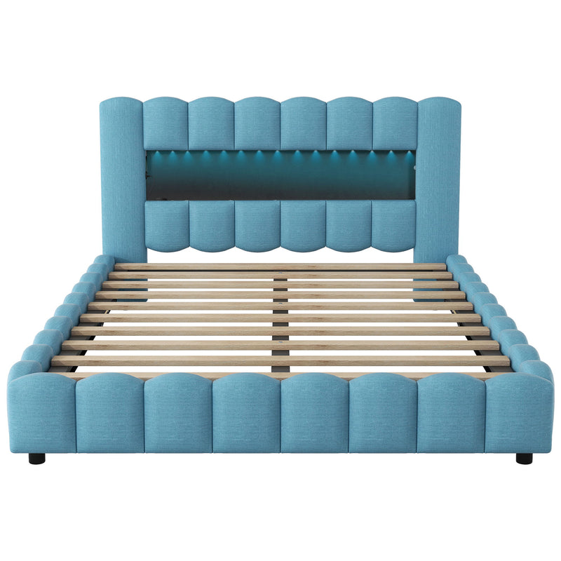 Queen Size Upholstered Platform Bed With Led Headboard And USB, Blue