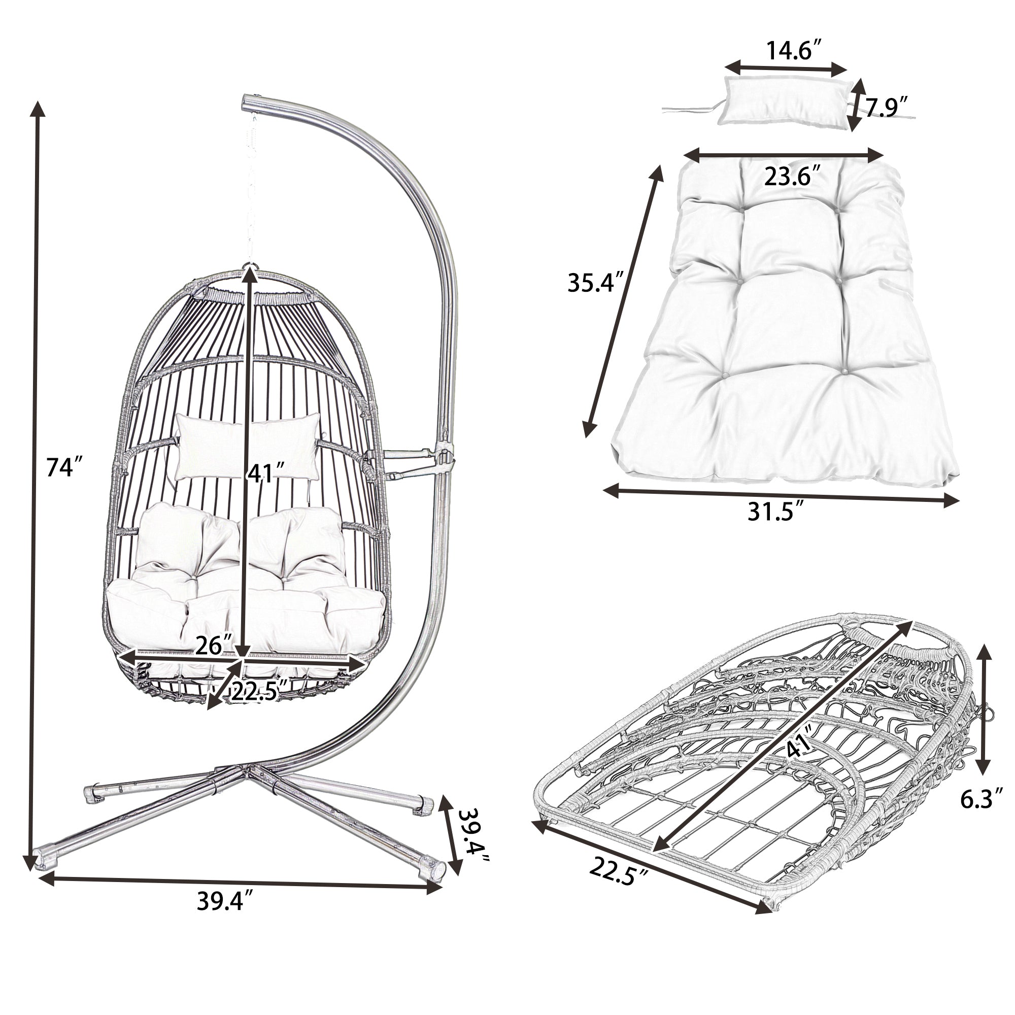 TOPMAX Patio Foldable Swing Chair Porch PE Wicker Egg Hanging Chair Hammock Chair w/Stand and Cushion for Outdoor Balcony Indoor Bedroom, Gray - Atlantic Fine Furniture Inc