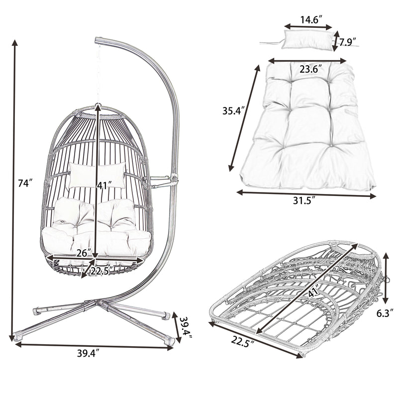 TOPMAX Patio Foldable Swing Chair Porch PE Wicker Egg Hanging Chair Hammock Chair w/Stand and Cushion for Outdoor Balcony Indoor Bedroom, Gray - Atlantic Fine Furniture Inc