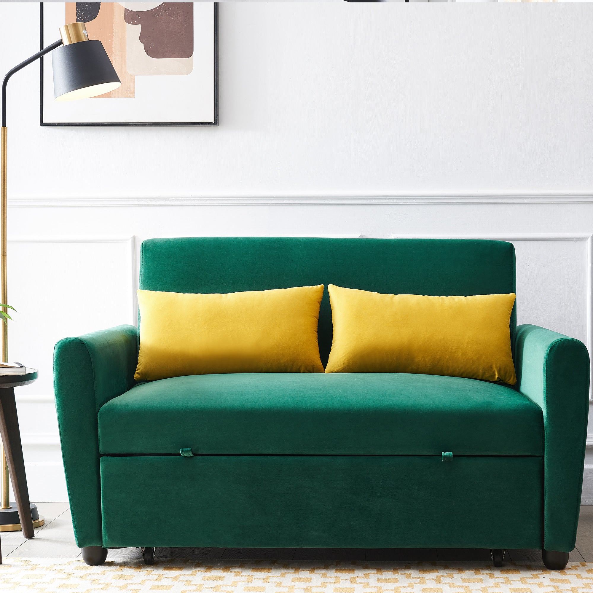 [VIDEO provided]55" Modern Velvet Sofa with Pull-Out Sleeper Bed with 2 Pillows Adjustable Backrest for Small Spaces Green - Atlantic Fine Furniture Inc