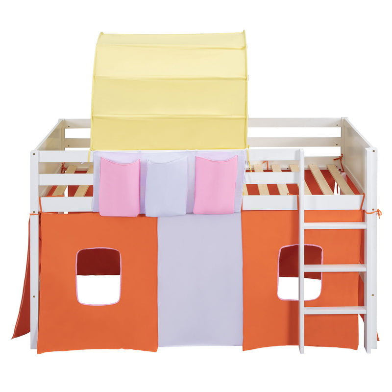 Twin Size Loft Bed With Tent And Tower And Three Pockets - Orange