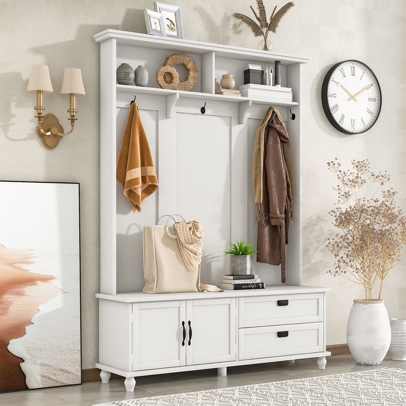 On-Trend Modern Style Hall Tree With Storage Cabinet And 2 Large Drawers, Widen Mudroom Bench With 5 Coat Hooks - White