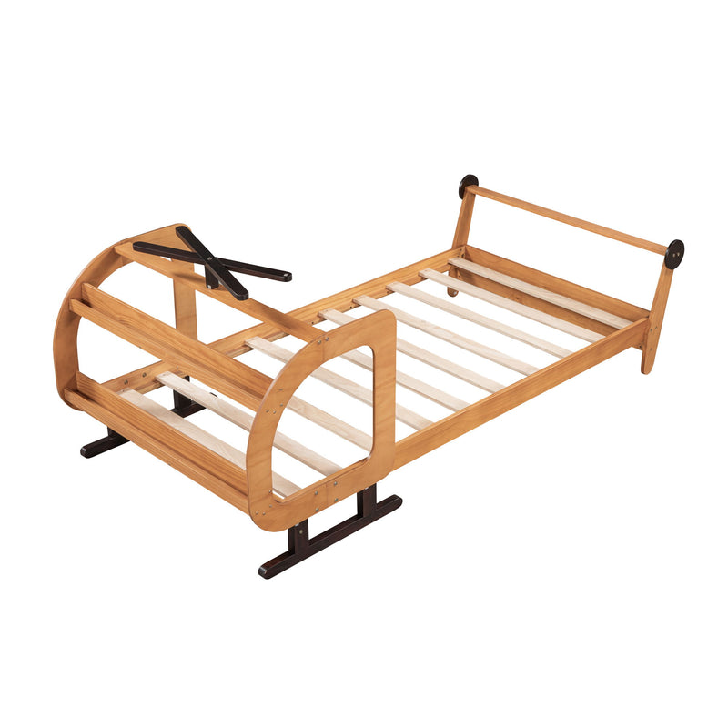 Twin Size Plane Shaped Platform Bed With Rotatable Propeller And Shelves, Natural
