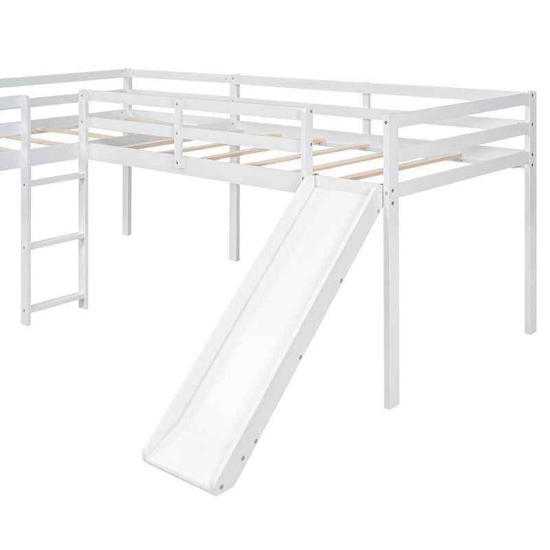 L-Shaped Twin Size Loft Bed With Ladder And Slide, White