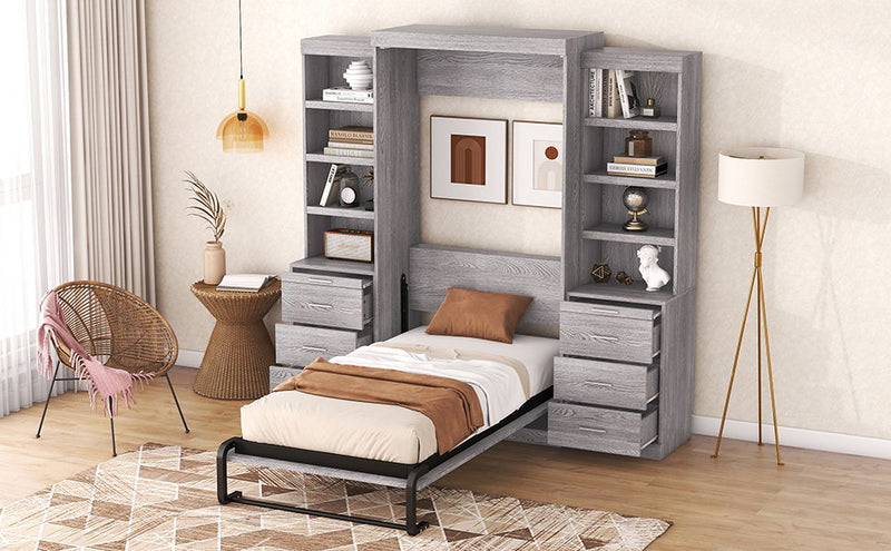 Twin Size Murphy Bed With Storage Shelves And Drawers, Gray