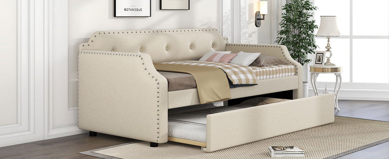 Upholstered Daybed With Trundle, Wood Slat Support, Upholstered Frame Sofa Bed, Twin, Beige