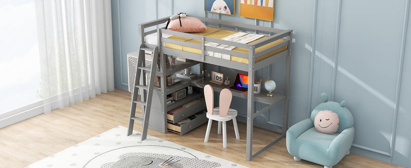 Twin Size Loft Bed With Desk And Shelves, Two Built - In Drawers, Gray
