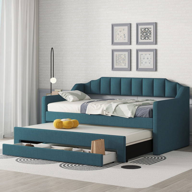Twin Size Upholstered Daybed With Trundle And Three Drawers - Green