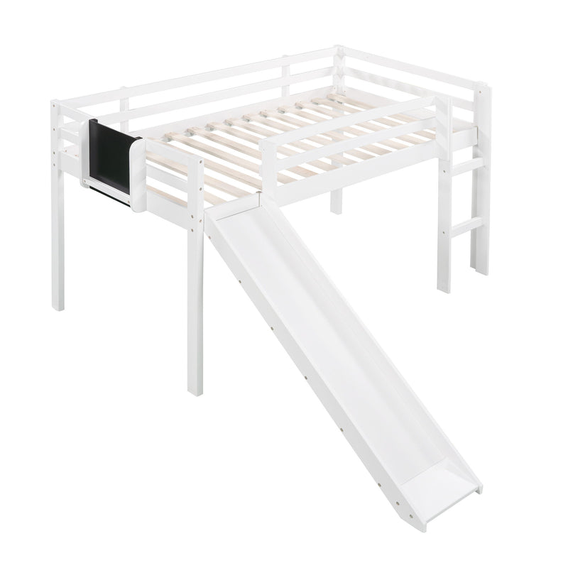 Twin Size Loft Bed Wood Bed With Slide, Stair And Chalkboard, White