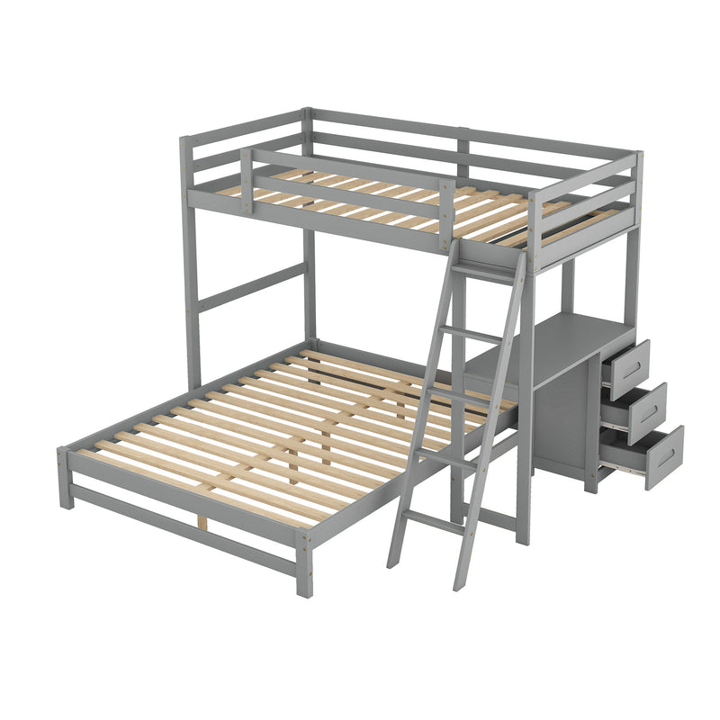 Twin Over Full Bunk Bed With Built-In Desk And Three Drawers, Gray