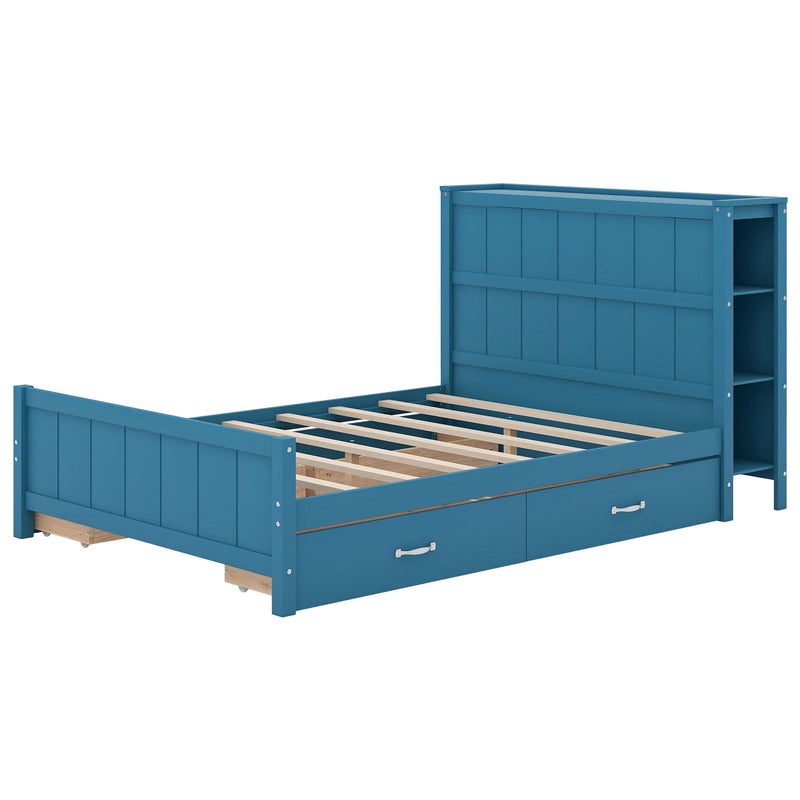 Full Size Platform Bed With Drawers And Storage Shelves - Blue