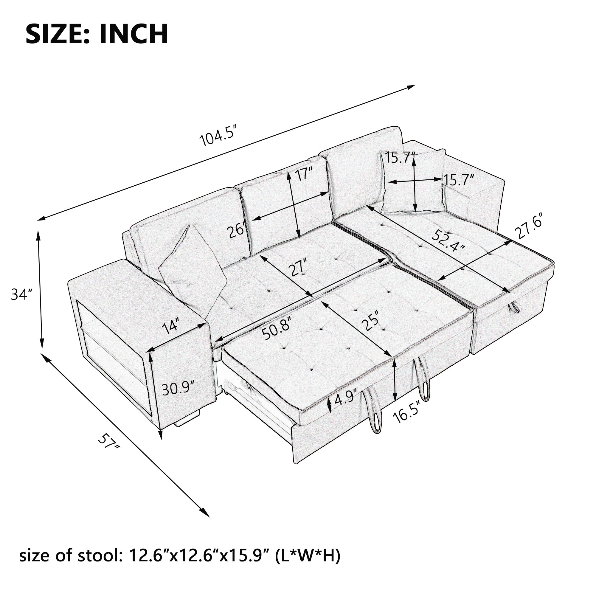 Orisfur. 104" L-Shape 3 Seat Reversible Sectional Couch, Pull Out Sleeper Sofa with Storage Chaise and 2 Stools for Living Room Furniture Set - Atlantic Fine Furniture Inc