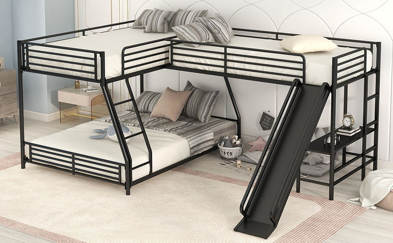 L-Shaped Twin Over Full Bunk Bed With Twin Size Loft Bed, Built-In Desk And Slide, Black