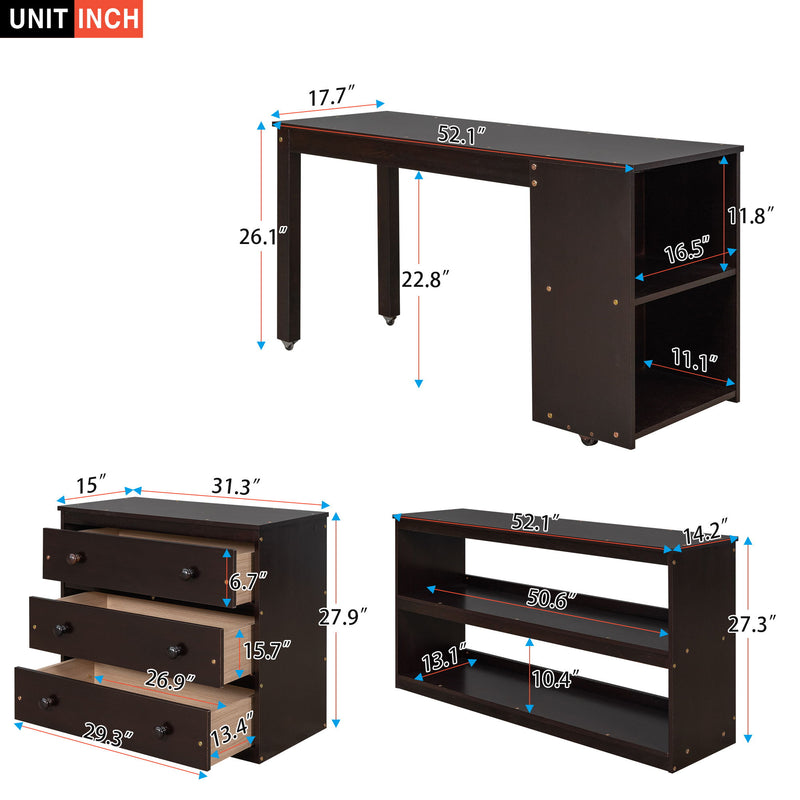 Low Study Full Loft Bed With Cabinet, Shelves And Rolling Portable Desk, Multiple Functions Bed - Espresso