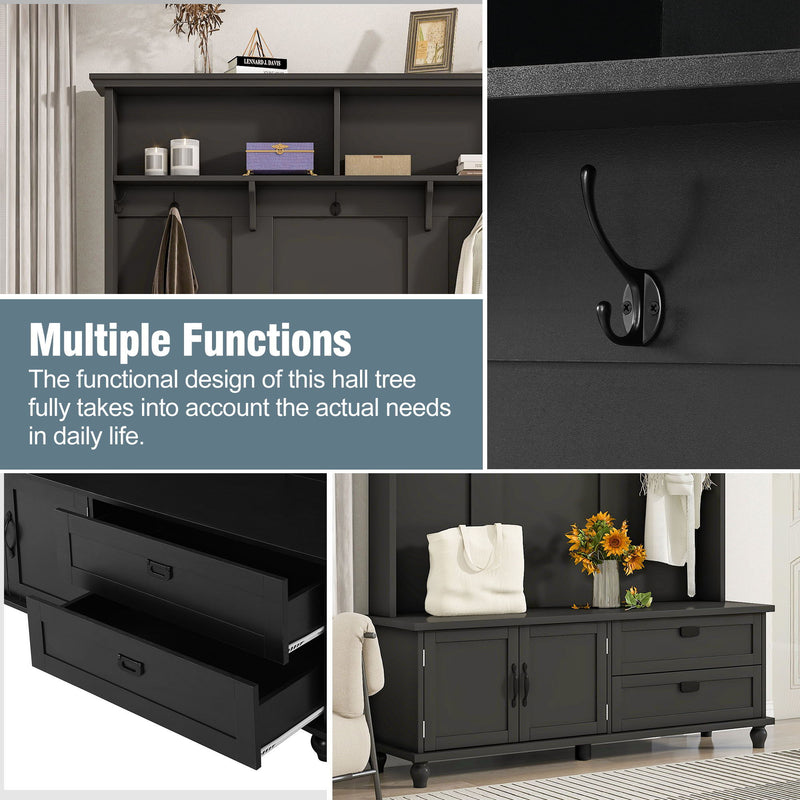On-Trend Modern Style Hall Tree With Storage Cabinet And 2 Large Drawers, Widen Mudroom Bench With 5 Coat Hooks - Black
