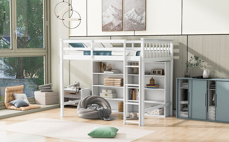 Twin Size Loft Bed With 8 Open Storage Shelves And Built-In Ladder, White