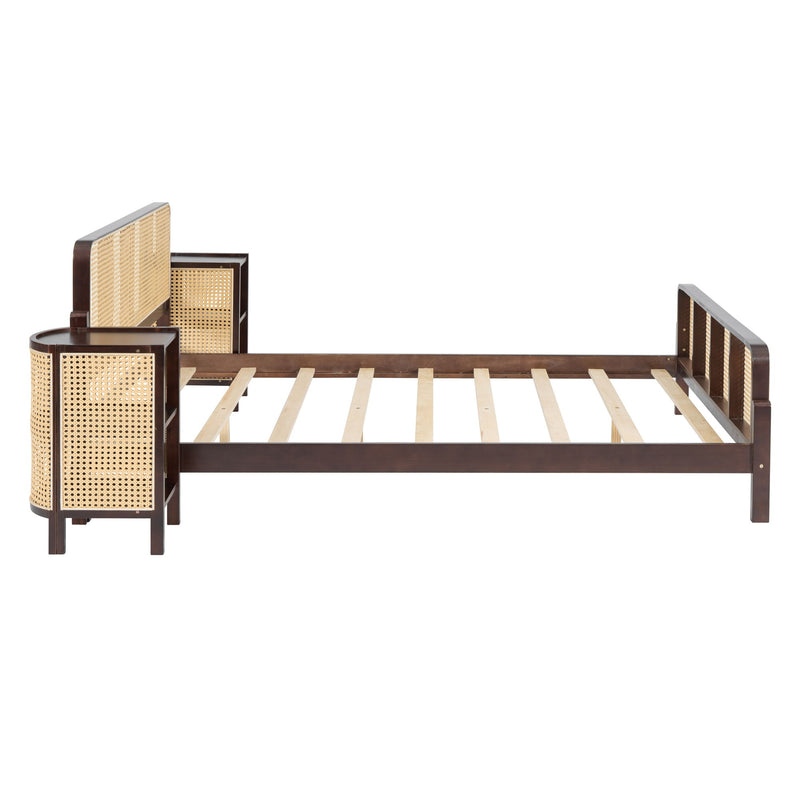 3 Pieces Rattan Platform Full Size Bed With 2 Nightstands, Walnut