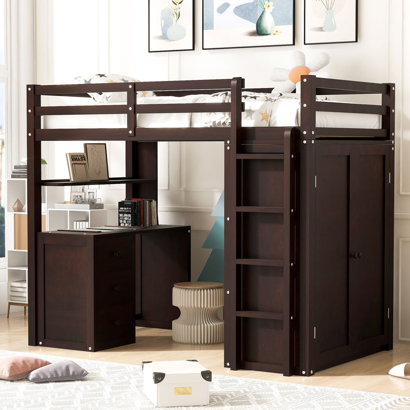 Twin Size Loft Bed With Drawers, Desk, And Wardrobe - Espresso