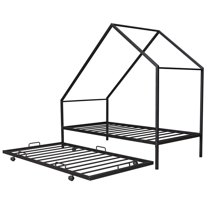 Metal House Bed With Trundle, Twin Size House Bed Black