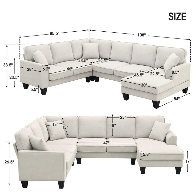 108*85.5" Modern U Shape Sectional Sofa, 7 Seat Fabric Sectional Sofa Set With 3 Pillows Included For Living Room, Apartment, Office