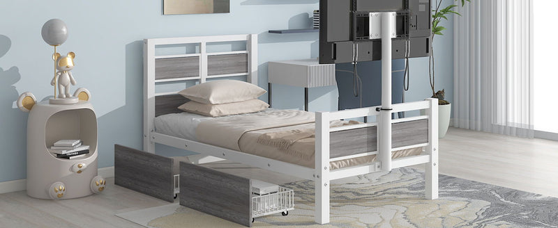 Twin Size Metal Platform Bed With MDF Headboard And Footboard, Two Storage Drawers And Rotatable TV Stand, White