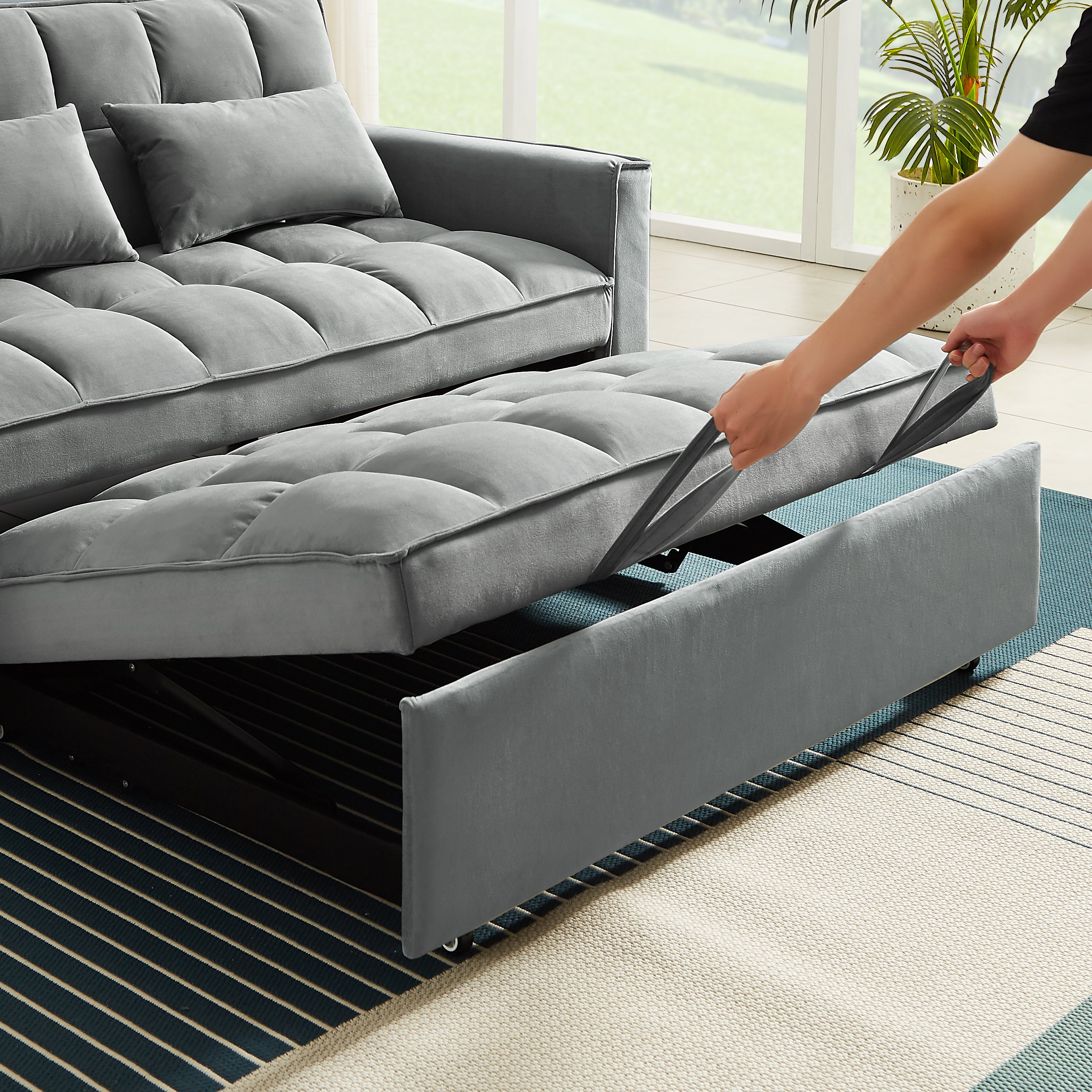 Modern Velvet Convertible Loveseat Sleeper Sofa Couch with Adjustable Backrest, 2 Seater Sofa With Pull-Out Bed with 2 Lumbar Pillows For Small Living Room & Apartment - Atlantic Fine Furniture Inc
