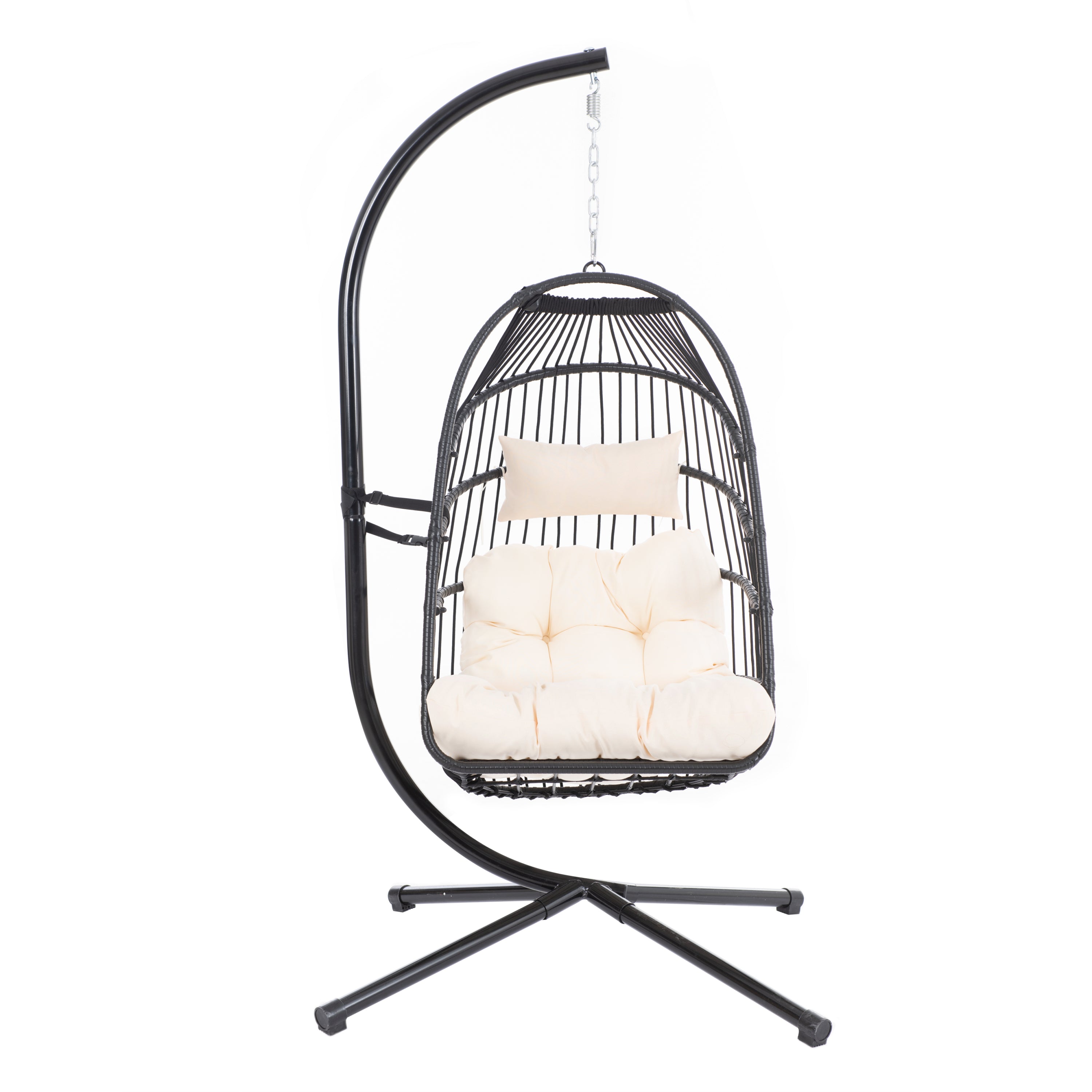 TOPMAX Patio Foldable Swing Chair Porch PE Wicker Egg Hanging Chair Hammock Chair w/Stand and Cushion for Outdoor Balcony Indoor Bedroom, Beige - Atlantic Fine Furniture Inc