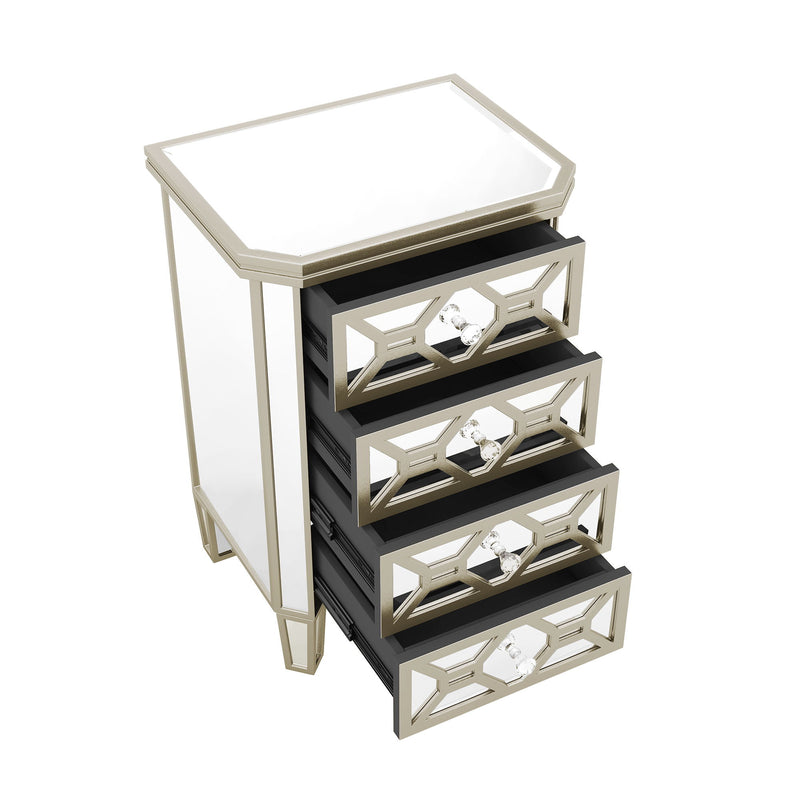 Elegant Mirrored 4-Drawer Chest With Golden Lines Storage Cabinet For Living Room, Hallway, Entryway