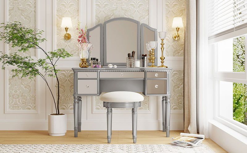 Go 43" Dressing Table Set With Mirrored Drawers And Stool, Tri-Fold Mirror, Makeup Vanity Set For Bedroom, Silver