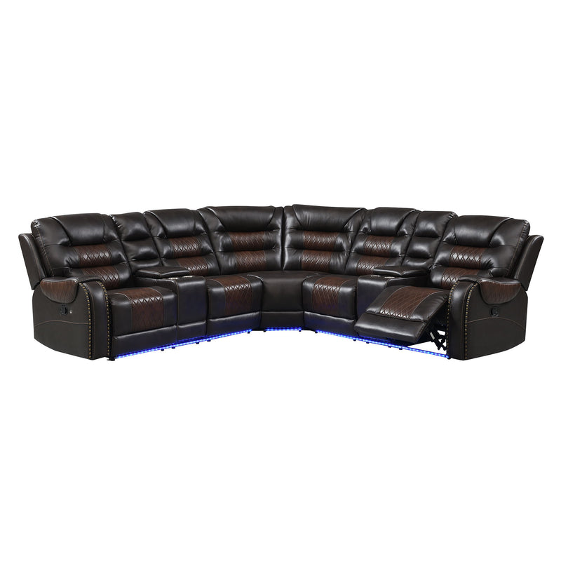 Manual Reclining Sectional Sofa Set L-Shaped Symmetrical Motion Sofa Corner Couch Sets With Storage Boxes, 4 Cup Holders And LED Light Strip For Living Room, Brown